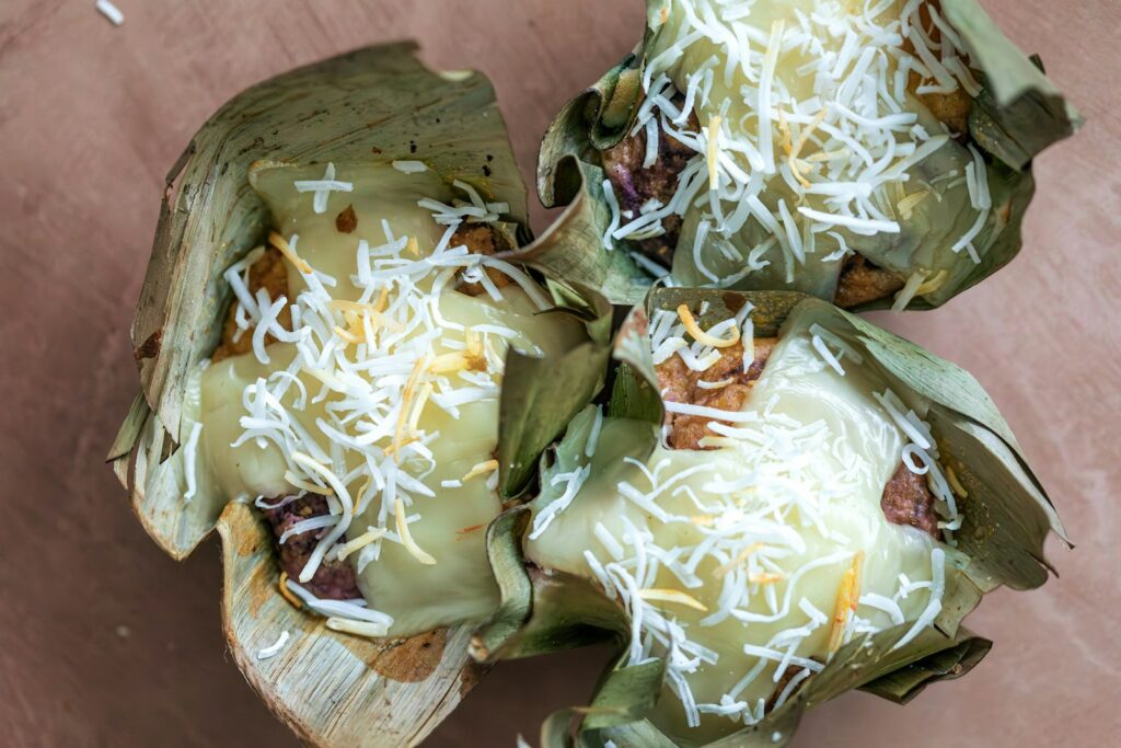 artichoke wrapped in cheese and other toppings, coconut palm sugar, coconut secret coconut nectar, young coconut, dry coconut