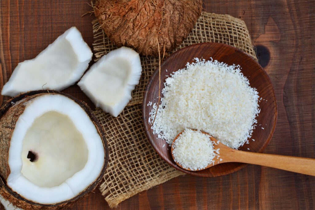 Desiccated Coconut Flakes  vs. Shredded Coconut: What's the Difference? 4 desiccated coconut flakes, coconut dried flakes, organic shredded coconut, sweetened shredded coconut