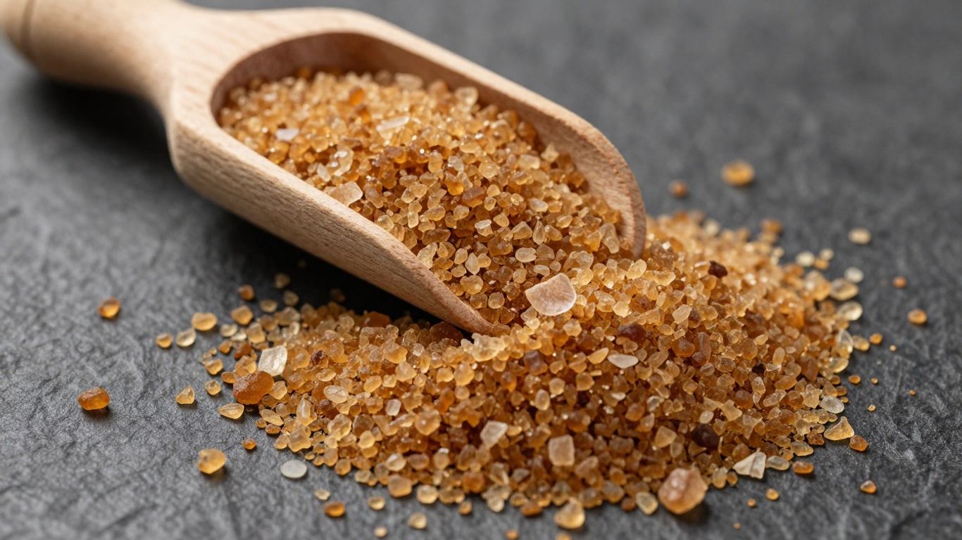 Coconut sugar granules spilling from a wooden scoop.