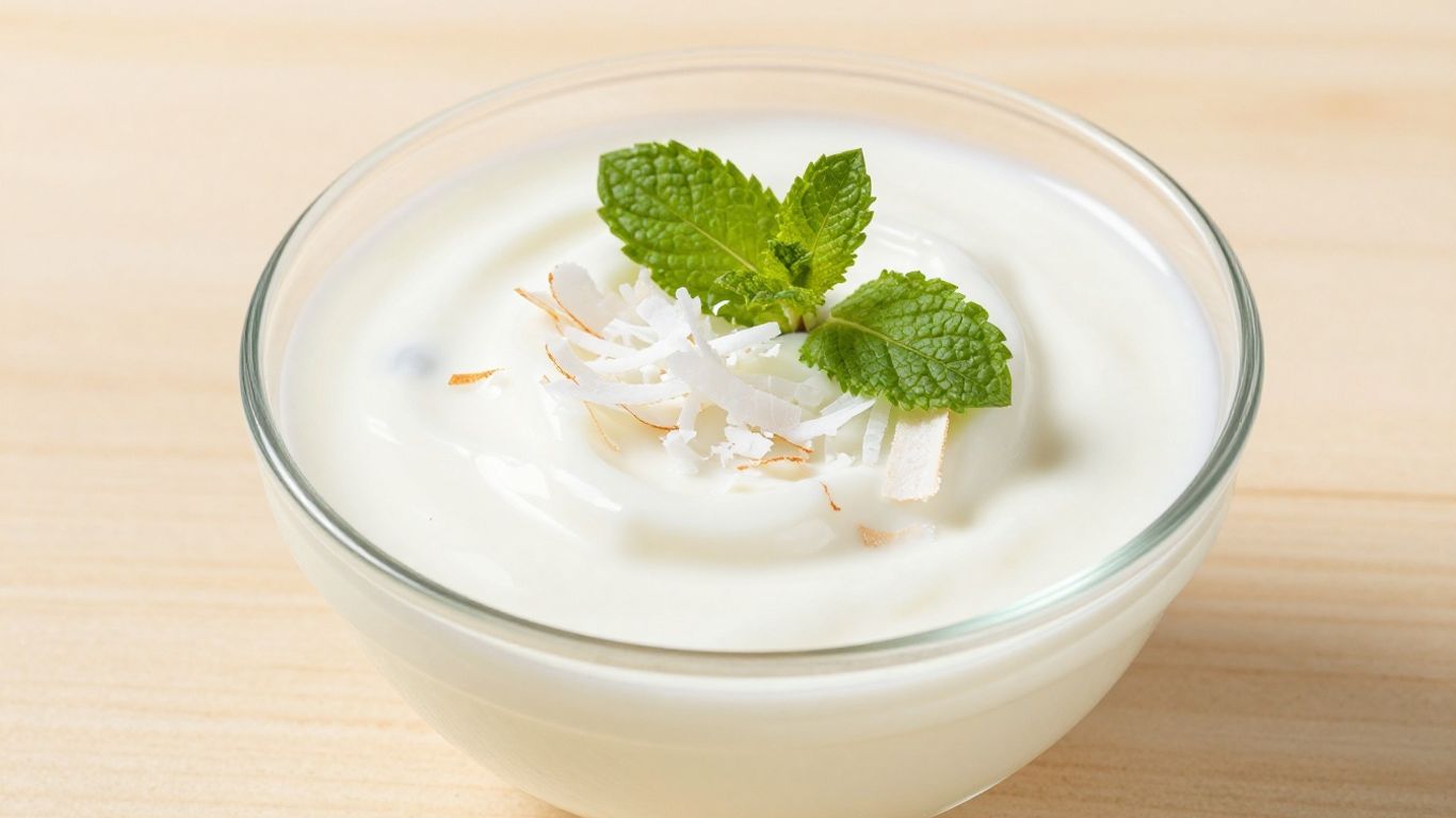 Creamy coconut milk yogurt in a bowl with toppings.