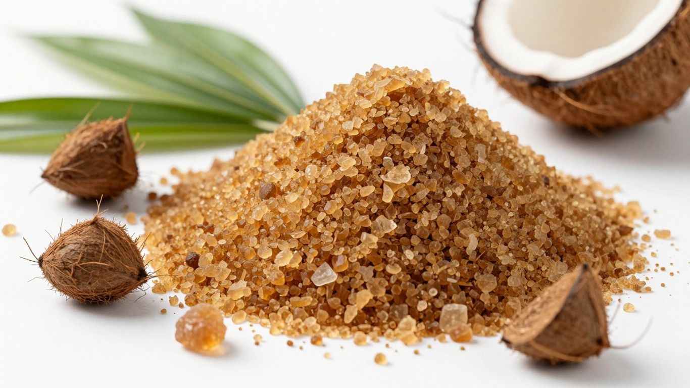 Pile of granular coconut sugar with palm leaves.