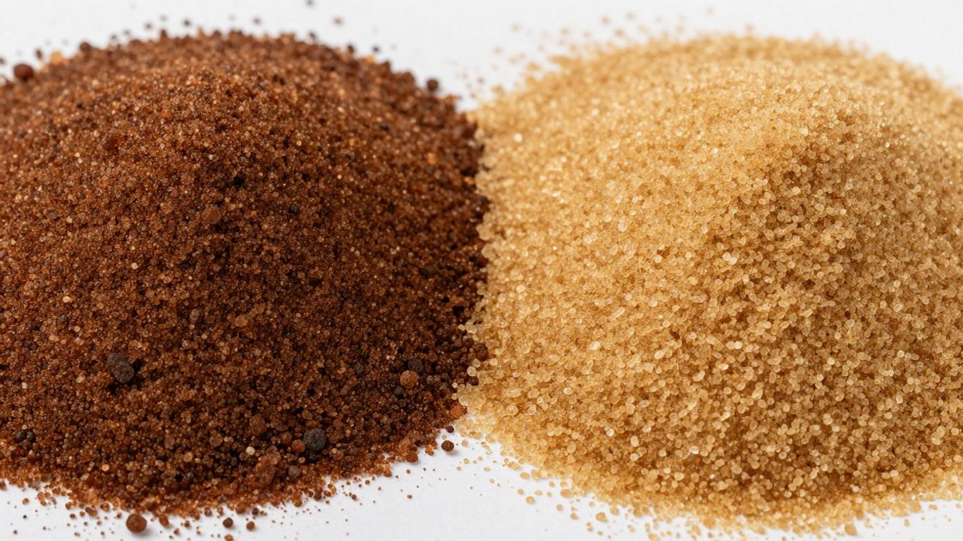 Brown sugar and palm sugar side-by-side.