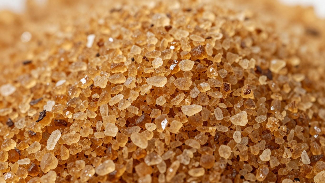 Close-up of granular coconut sugar crystals.