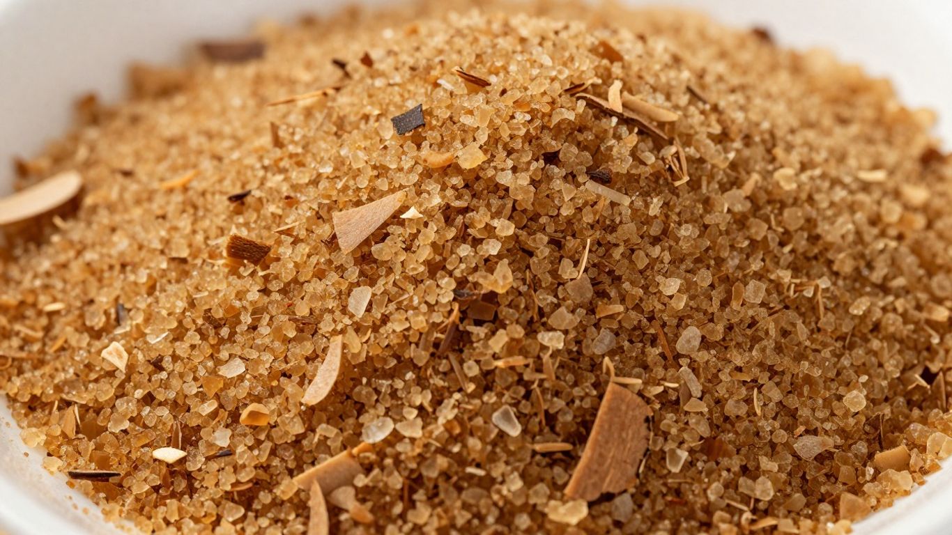 Pile of granular coconut sugar with scattered coconut flakes.