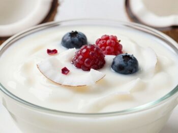 Low sugar coconut yogurt with fresh toppings.
